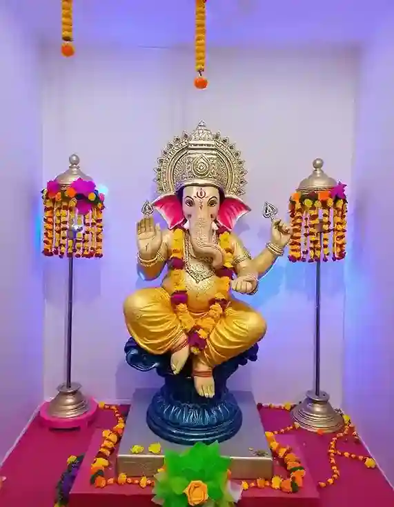 Creative and traditional Ganesh Chaturthi decoration with marigold garlands and lamps | Creative and Traditional Ganesh Chaturthi Setup | Ganesh Chaturthi Decorations | Decorations Guru